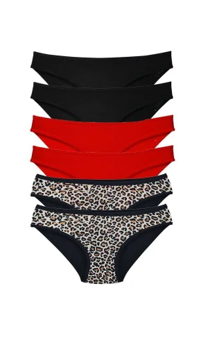 6 Adet Özel Set Likralı Yumuşak Dokulu Kadın Slip Külot Leopar Siyah Kırmızı