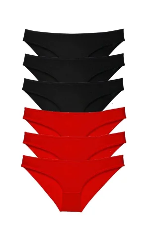 6 adet Süper Eko Set Likralı Kadın Slip Külot Siyah Kırmızı