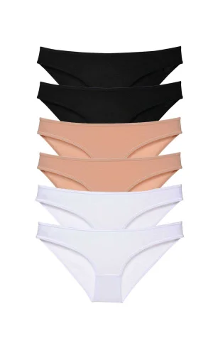 6 adet Süper Eko Set Likralı Kadın Slip Külot Siyah Ten Beyaz