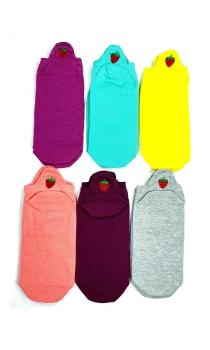 6 Çift Çilek Nakış Baskılı Pamuklu Yumuşak Kadın Bilek Çorap