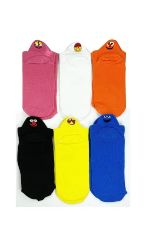 6 Çift Emoji Desen Nakış Baskılı Kadın Pamuklu Bilek Çorap
