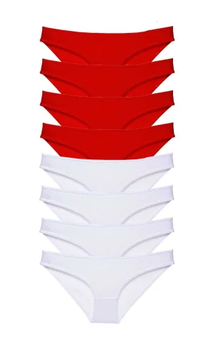 8 adet Süper Eko Set Likralı Kadın Slip Külot Kırmızı Beyaz