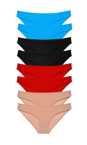 8 adet Süper Eko Set Likralı Kadın Slip Külot Siyah Kırmızı Ten Mavi