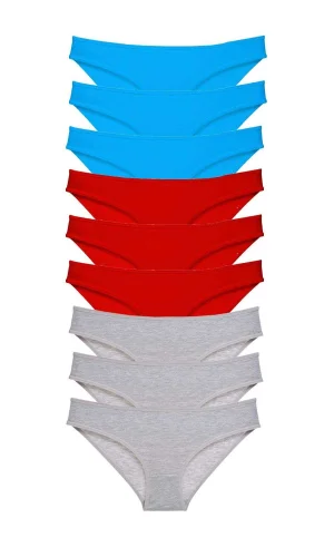 9 adet Süper Eko Set Likralı Kadın Slip Külot Kırmızı Gri Mavi