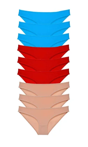 9 adet Süper Eko Set Likralı Kadın Slip Külot Kırmızı Ten Mavi