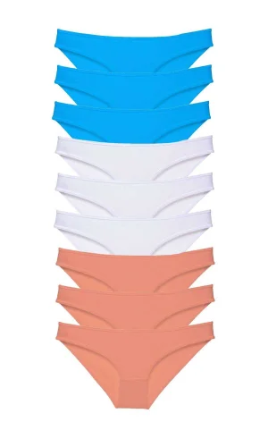 9 adet Süper Eko Set Likralı Kadın Slip Külot Pudra Beyaz Mavi