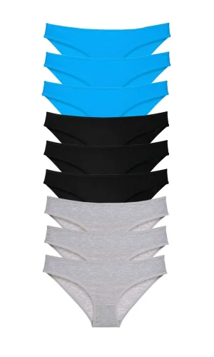 9 adet Süper Eko Set Likralı Kadın Slip Külot Siyah Gri Mavi