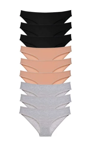 9 adet Süper Eko Set Likralı Kadın Slip Külot Siyah Ten Gri