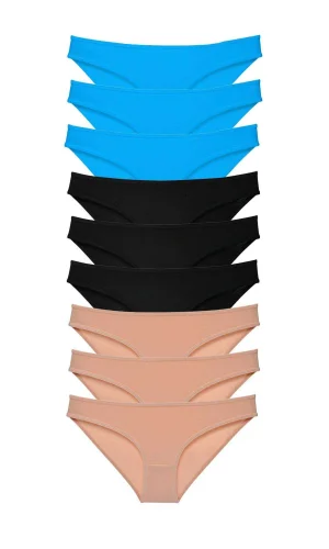 9 adet Süper Eko Set Likralı Kadın Slip Külot Siyah Ten Mavi