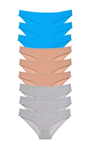 9 adet Süper Eko Set Likralı Kadın Slip Külot Ten Gri Mavi