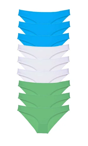 9 adet Süper Eko Set Likralı Kadın Slip Külot Yeşil Beyaz Mavi