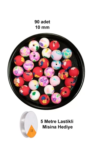 90 Adet 10 mm Polimer Kil Fimo Boncuk Takı Bileklik + 5 Metre Lastikli Misina Hediye - Desenli Yuvarlak