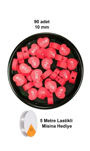 90 Adet 10 mm Polimer Kil Fimo Boncuk Takı Bileklik + 5 Metre Lastikli Misina Hediye - Kalp Love