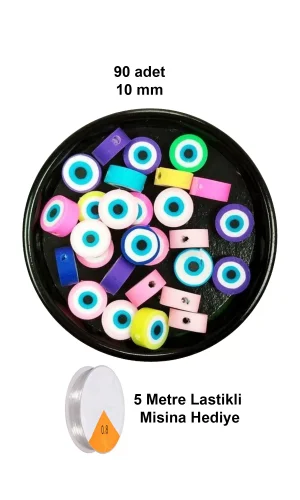 90 Adet 10 mm Polimer Kil Fimo Boncuk Takı Bileklik + 5 Metre Lastikli Misina Hediye - Nazar Boncuğu