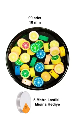 90 Adet 10 mm Polimer Kil Fimo Boncuk Takı Bileklik + 5 Metre Lastikli Misina Hediye - Renkli Limon