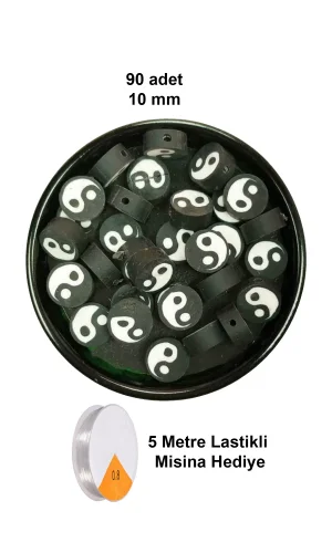 90 Adet 10 mm Polimer Kil Fimo Boncuk Takı Bileklik + 5 Metre Lastikli Misina Hediye - Yin Yang