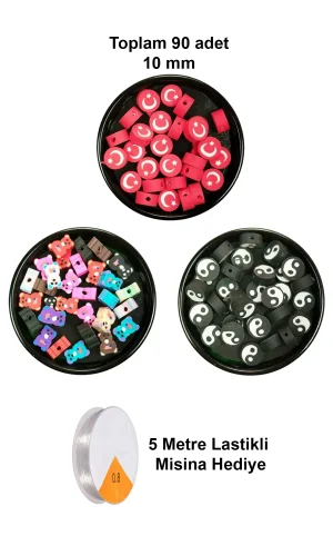 90 Adet 10 mm Polimer Kil Fimo Boncuk Takı Bileklik + 5 Metre Misina Hediye - Ayıcık - Bayrak - Yin Yang