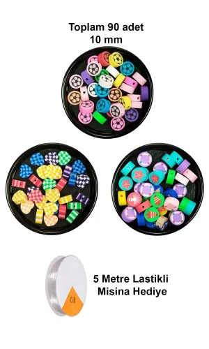 90 Adet 10 mm Polimer Kil Fimo Boncuk Takı Bileklik + 5 Metre Misina Hediye - Kalp - Deniz - Çiçek