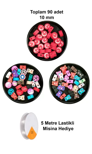 90 Adet 10 mm Polimer Kil Fimo Boncuk Takı Bileklik + 5 Metre Misina Hediye - Karışık - Bayrak - Ayıcık