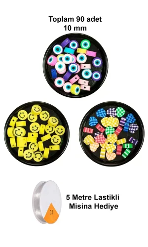 90 Adet 10 mm Polimer Kil Fimo Boncuk Takı Bileklik + 5 Metre Misina Hediye - Smile - Kalp - Nazar