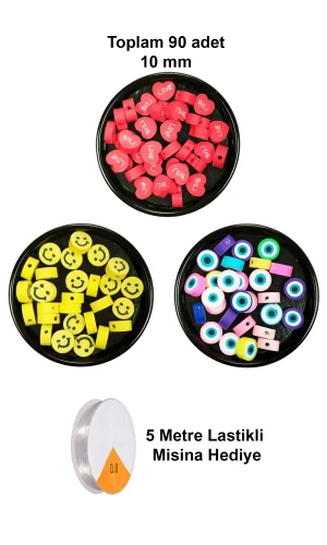90 Adet 10 mm Polimer Kil Fimo Boncuk Takı Bileklik + 5 Metre Misina Hediye - Smile - Nazar - Love