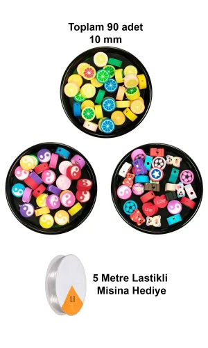 90 Adet 10 mm Polimer Kil Fimo Boncuk Takı Bileklik + 5 Metre Misina Hediye - Yin Yang - Karışık - Limon