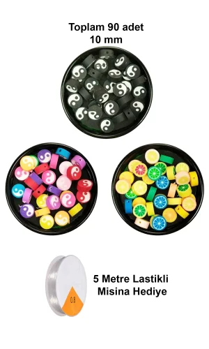 90 Adet 10 mm Polimer Kil Fimo Boncuk Takı Bileklik + 5 Metre Misina Hediye - Yin Yang - Yin Yang - Limon