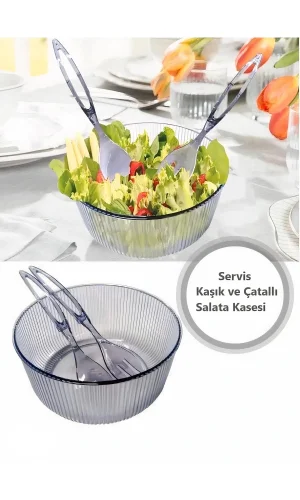 Akrilik, Yuvarlak, Servis Kaşığı ve Çatallı Salata Kasesi Servis Sunum Tabağı 23 cm