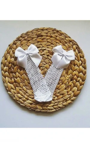 Beyaz Fileli Diz Altı Fiyonklu Kız Çocuk Çorap