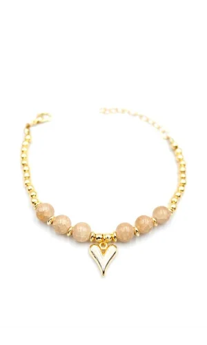 Boncuklu Kalp Bileklik - Krem