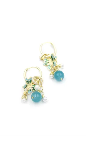 Boncuklu Kelebek Küpe - Turkuaz