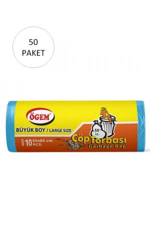 Büyük Boy Çöp Torbası 65 x 80 cm 10 Lu Rulo x 50 Paket = 500 Adet (Mavi)