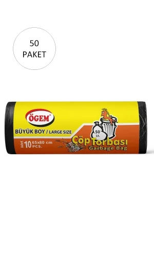 Büyük Boy Çöp Torbası 65 x 80 cm 10 Lu Rulo x 50 Paket = 500 Adet (Siyah)