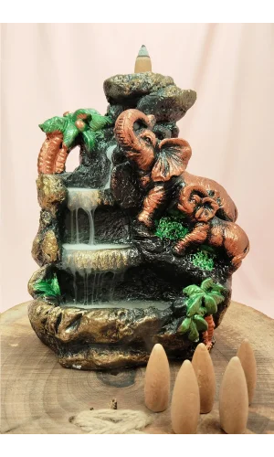 Buyuk Boy Fil Figürlü Biblo Model Geri Akış Şelale Tütsülük 5 Adet Koni Hediye