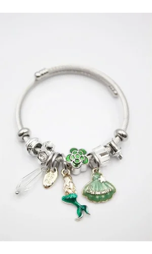 Çelik Charmlı Deniz Kızı Bileklik - Yeşil