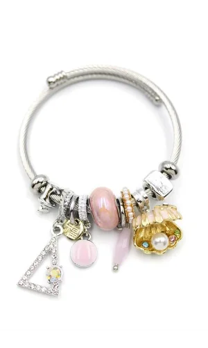 Çelik Charmlı İncili Deniz Kabuğu Bilezik - Pembe