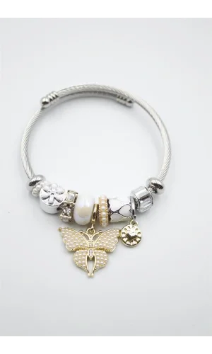 Çelik Charmlı Kelebek Bileklik - Beyaz