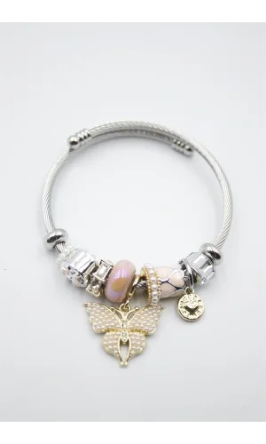 Çelik Charmlı Kelebek Bileklik - Pembe