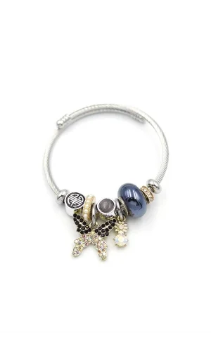 Çelik Charmlı Kelebek Bileklik - Siyah