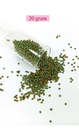 Dökme Cam Kum Boncuk (11/0) 2 mm - 20 Gram -  Yeşil Sarı Çizgili - BNC006