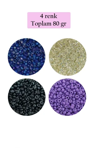 Dökme Cam Kum Boncuk (11/0) 2 mm - 4 Renk - Toplam 80 Gram -  BNC403