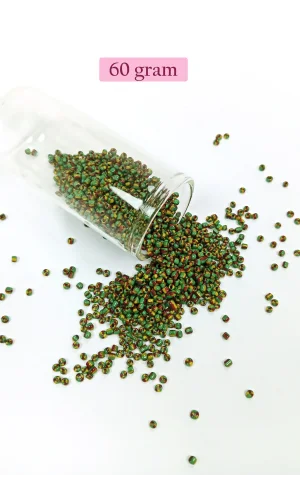 Dökme Cam Kum Boncuk (11/0) 2 mm - 60 Gram -  Yeşil Sarı Çizgili - BNC041