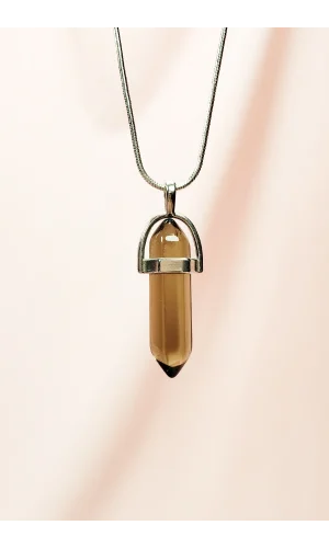 Dumanlı Kuvars Doğal Taşı Zincirli El Yapımı Tasarımlı Kolye Uç: 3,5 cm Zincir: 20 cm Kutulu