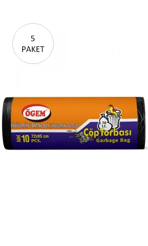 Endüstriyel Battal Boy Çöp Torbası 72 x 95 cm 10 Lu Rulo x 5 Paket = 50 Adet (Siyah)