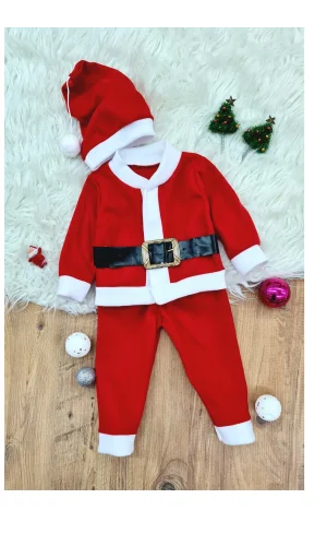 Erkek Çocuk Noel Baba Yılbaşı Kostümü Şapkalı Kemerli Bebek Kostümü