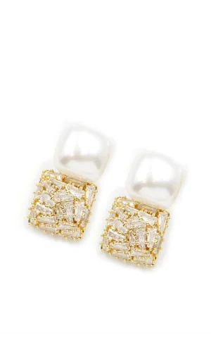 İnci Baget Taşlı Küpe - Altın