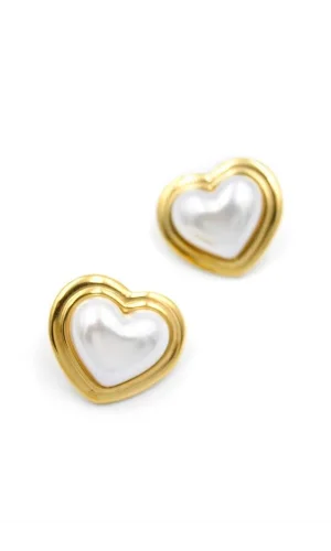 İnci Kalp Küpe - Altın