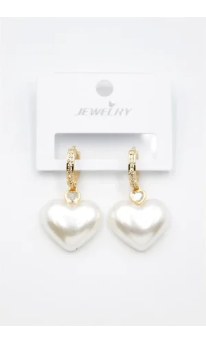 İnci Kalp Küpe - Altın