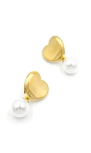 İnci Kalp Küpe - Altın