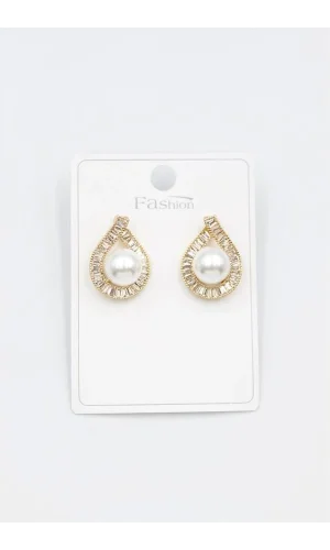 İncili Baget Taşlı Küpe - Altın